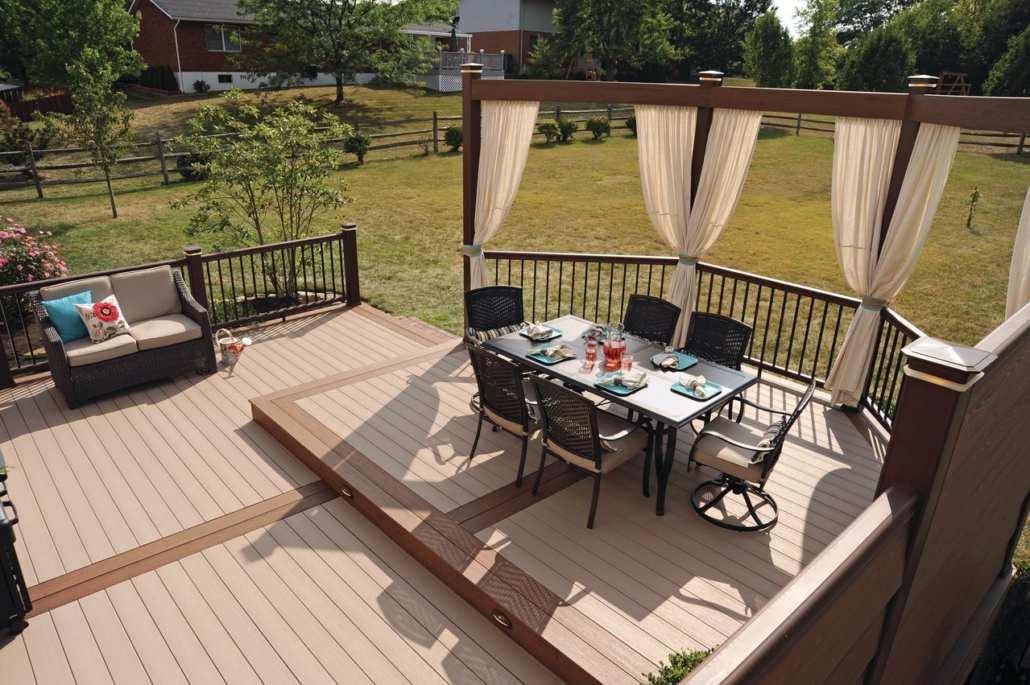 Outdoor Dining Area on a Wooden Stage With Curtains