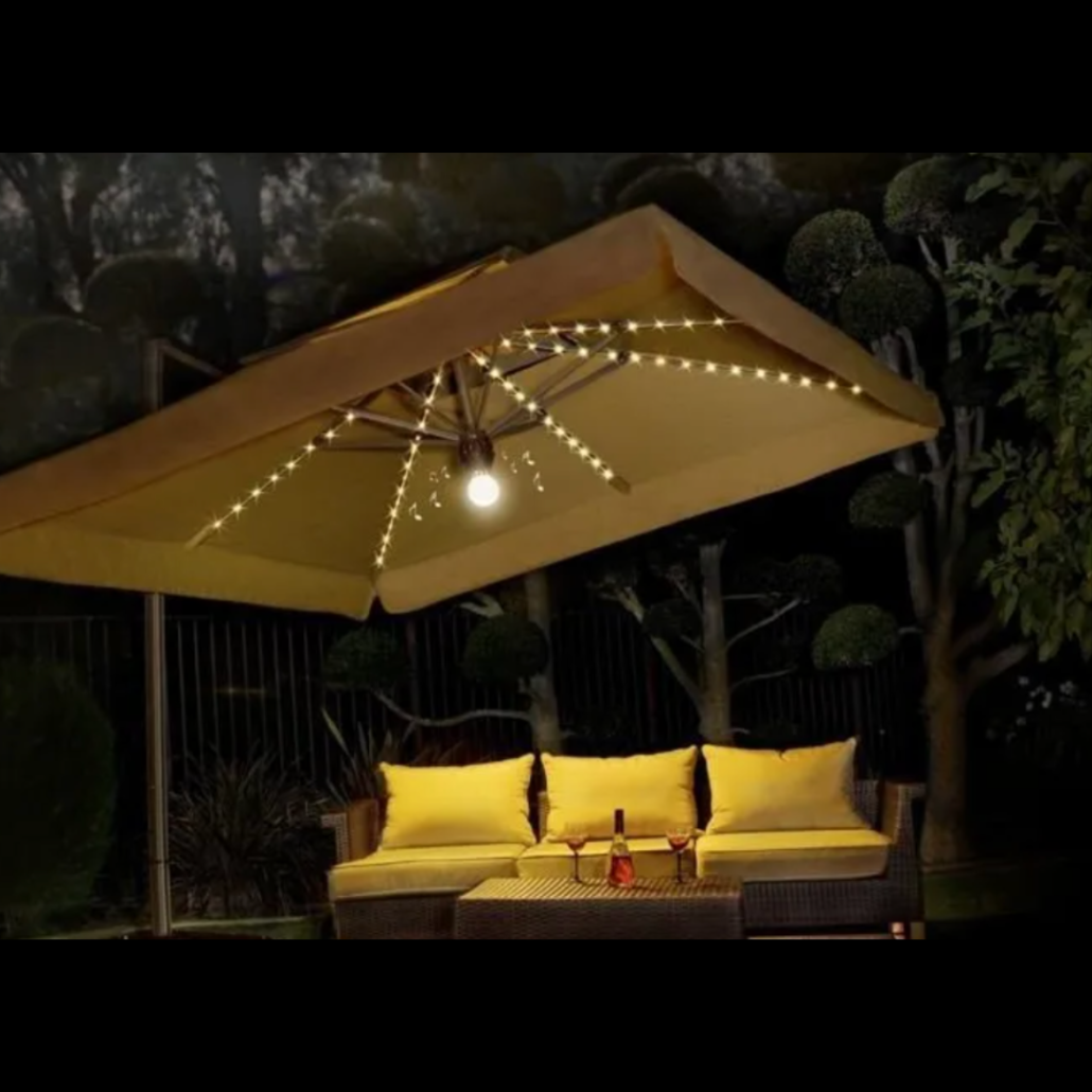 A White Color Umbrella With Light Bulbs Under